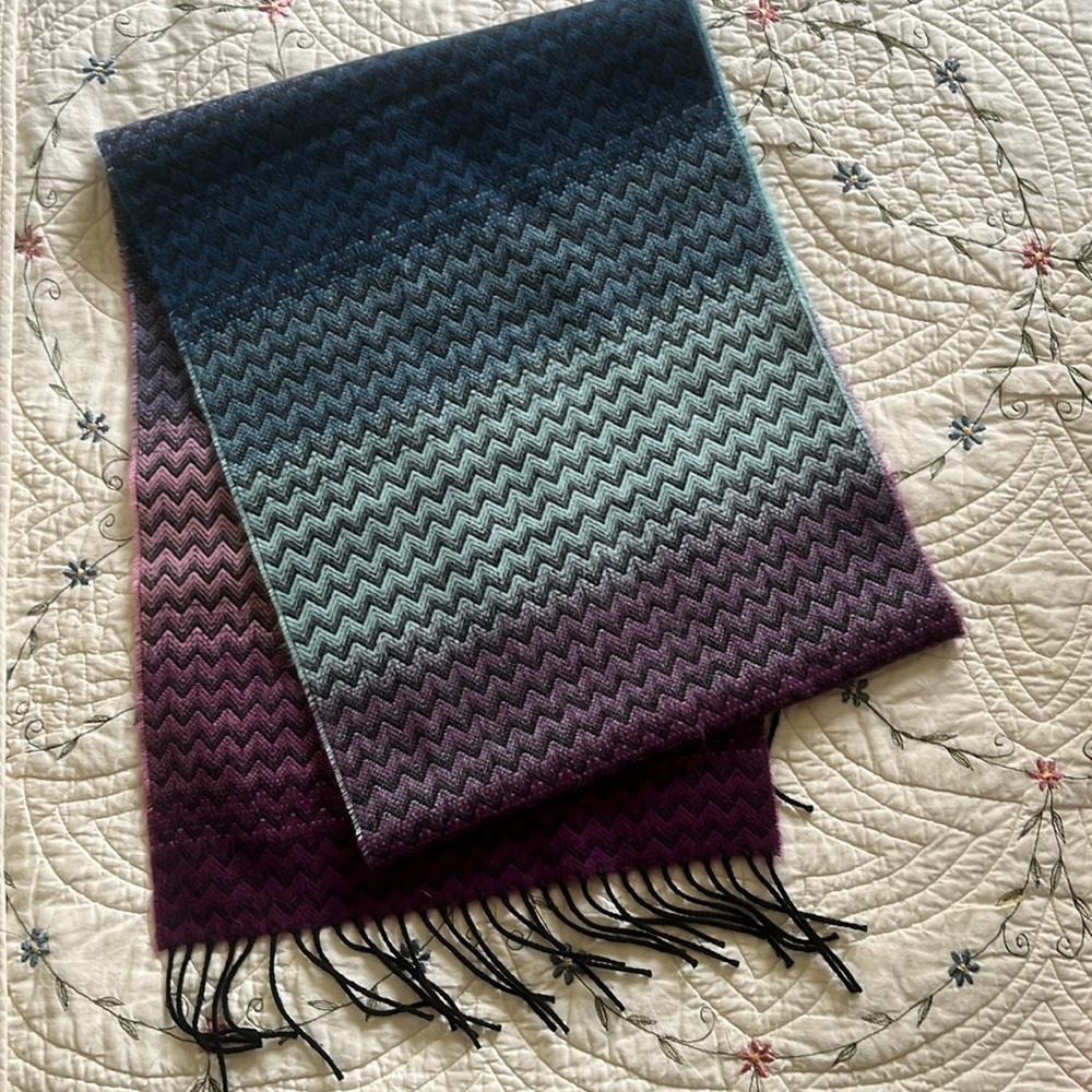 NWOT. Cashmere Ombré Chevron Scarf. 64” x 12-1/2”. Blue, Pink, Purple & Black